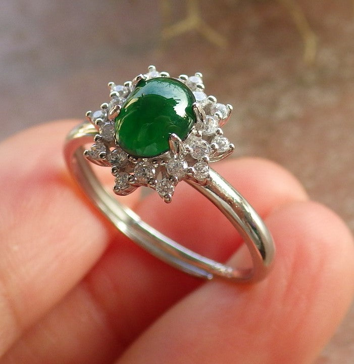 Certified Icy Green silver 0.925 Burma 100% Natural A JADE Jadeite Cabochon Flower RING USA 7.75 戒指 647247 TN