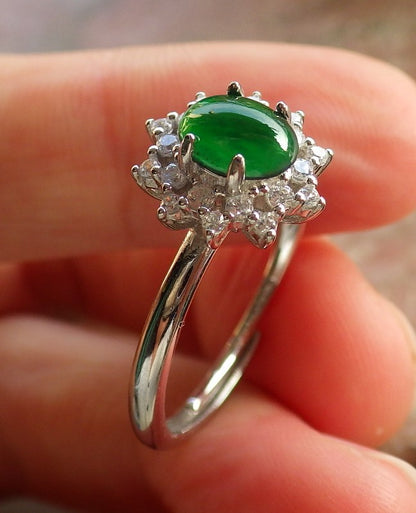 Certified Icy Green silver 0.925 Burma 100% Natural A JADE Jadeite Cabochon Flower RING USA 7.75 戒指 647247 TN