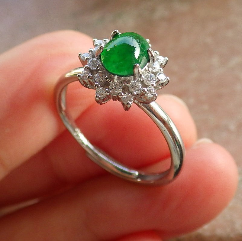 Certified Icy Green silver 0.925 Burma 100% Natural A JADE Jadeite Cabochon Flower RING USA 7.75 戒指 647247 TN