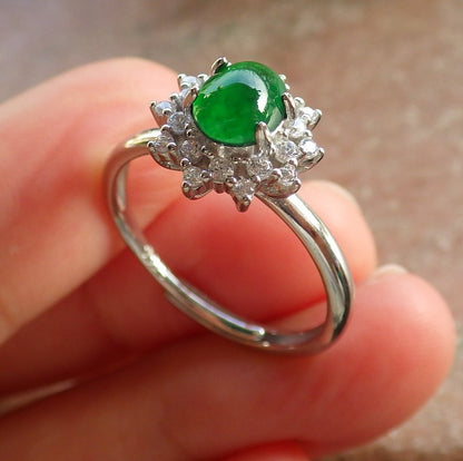 Certified Icy Green silver 0.925 Burma 100% Natural A JADE Jadeite Cabochon Flower RING USA 7.75 戒指 647247 TN