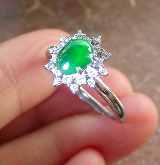 Certified Icy Green silver 0.925 Burma 100% Natural A JADE Jadeite Cabochon Flower RING USA 7.75 戒指 647247 TN