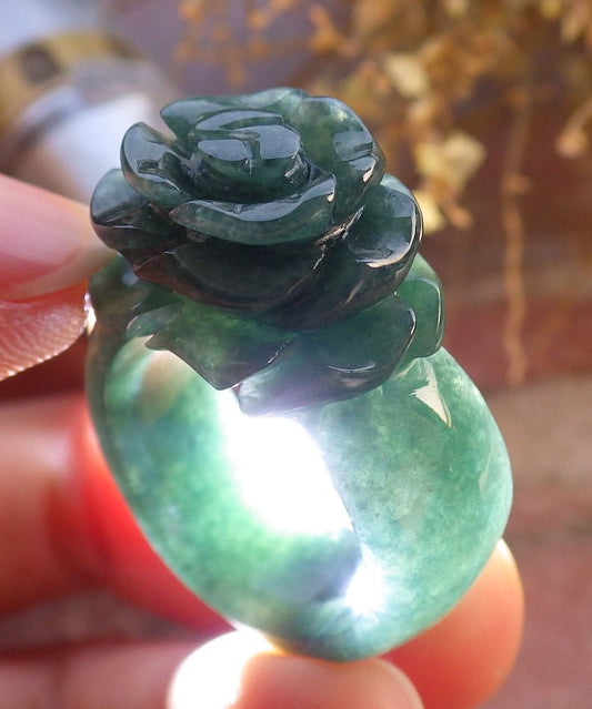 Certified Green Burma 100% Natural A JADE Jadeite Rose Flower RING USA. 8.5 花戒指 647341 TN
