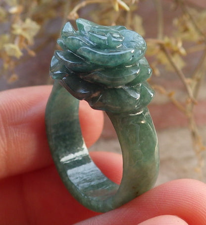 Certified Green Burma 100% Natural A JADE Jadeite Rose Flower RING USA. 8.75 花戒指 647349 TN