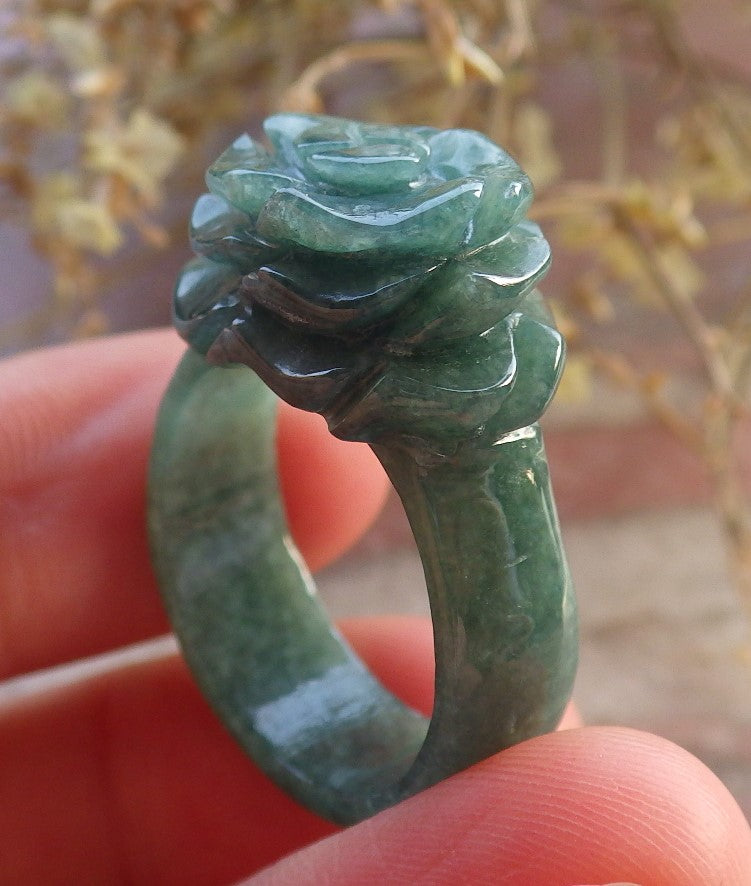 Certified Green Burma 100% Natural A JADE Jadeite Rose Flower RING USA. 8.75 花戒指 647349 TN