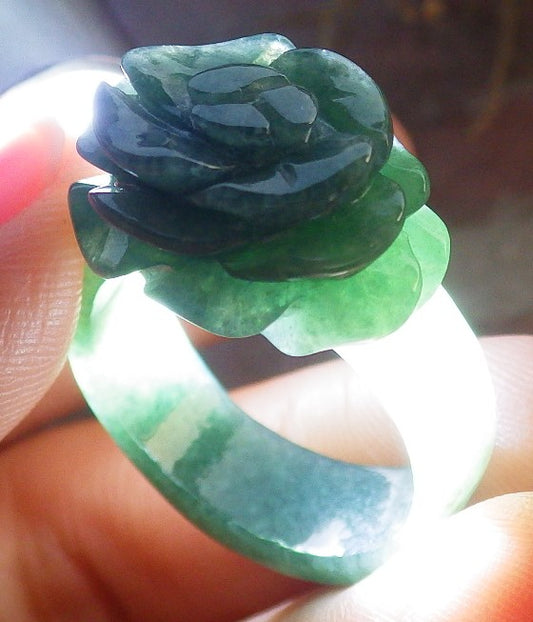 Certified Green Burma 100% Natural A JADE Jadeite Rose Flower RING USA. 8.75 花戒指 647349 TN