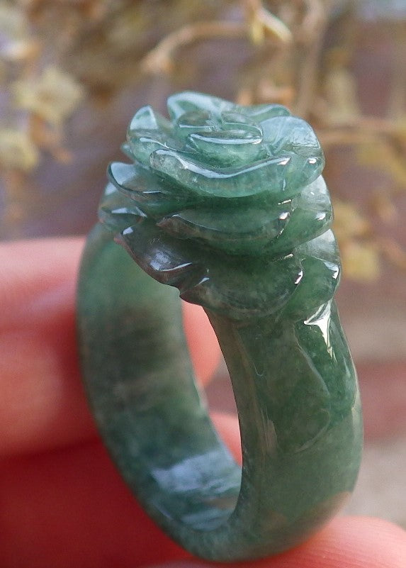 Certified Green Burma 100% Natural A JADE Jadeite Rose Flower RING USA. 8.5 花戒指 647371 TN