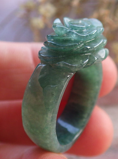 Certified Green Burma 100% Natural A JADE Jadeite Rose Flower RING USA. 8.5 花戒指 647371 TN