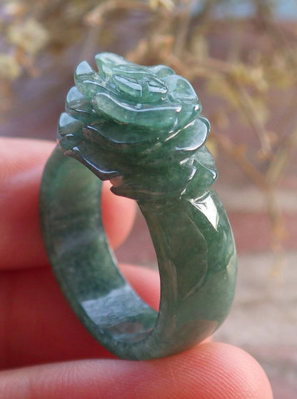 Certified Green Burma 100% Natural A JADE Jadeite Rose Flower RING USA. 8.5 花戒指 647371 TN