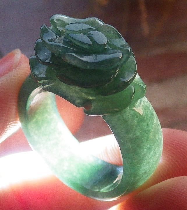 Certified Green Burma 100% Natural A JADE Jadeite Rose Flower RING USA. 8.5 花戒指 647371 TN