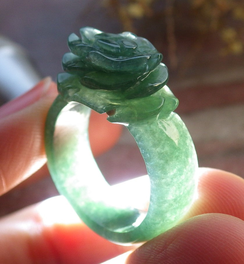 Certified Green Burma 100% Natural A JADE Jadeite Rose Flower RING USA. 8.5 花戒指 647371 TN