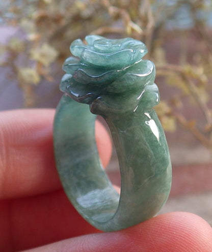 Certified Green Burma 100% Natural A JADE Jadeite Rose Flower RING USA. 8.75 花戒指 647381 TN