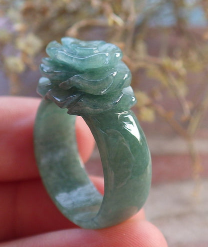 Certified Green Burma 100% Natural A JADE Jadeite Rose Flower RING USA. 8.75 花戒指 647381 TN