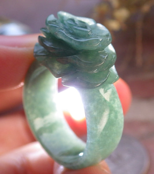 Certified Green Burma 100% Natural A JADE Jadeite Rose Flower RING USA. 8.75 花戒指 647381 TN