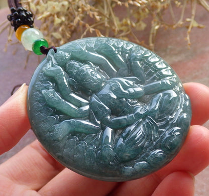 Certified Icy Green Burma 100% Natural A Jade jadeite pendant 1000 Hand Guanyin Kwan Yin Lotus Flower Necklace 观音 647500 TN