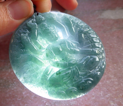 Certified Icy Green Burma 100% Natural A Jade jadeite pendant 1000 Hand Guanyin Kwan Yin Lotus Flower Necklace 观音 647500 TN