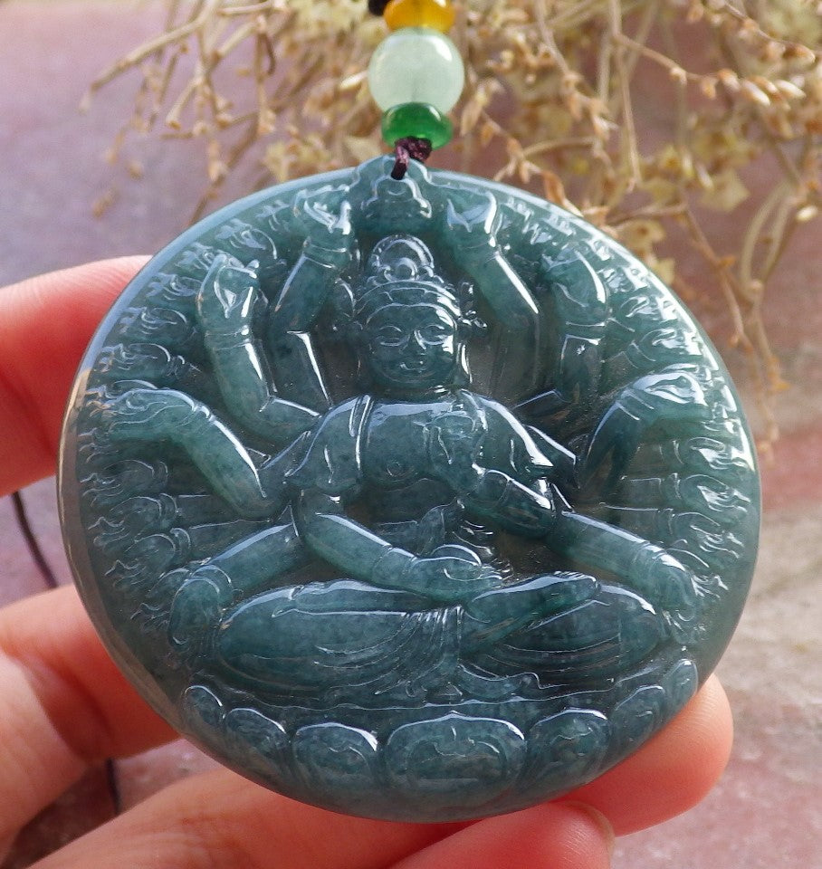 Certified Icy Green Burma 100% Natural A Jade jadeite pendant 1000 Hand Guanyin Kwan Yin Lotus Flower Necklace 观音 647509 TN