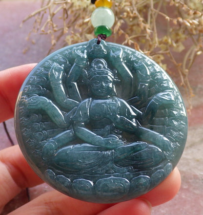 Certified Icy Green Burma 100% Natural A Jade jadeite pendant 1000 Hand Guanyin Kwan Yin Lotus Flower Necklace 观音 647509 TN