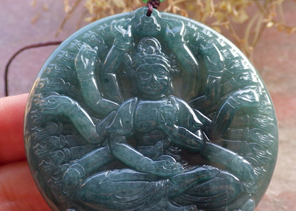 Certified Icy Green Burma 100% Natural A Jade jadeite pendant 1000 Hand Guanyin Kwan Yin Lotus Flower Necklace 观音 647509 TN