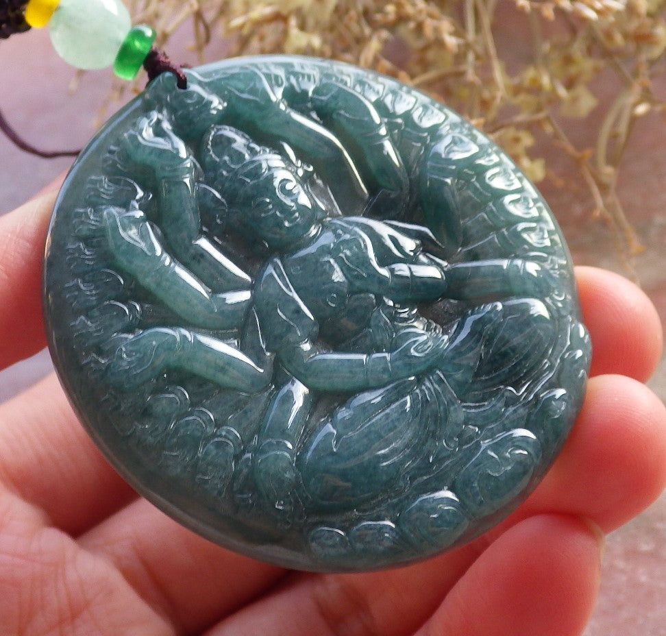 Certified Icy Green Burma 100% Natural A Jade jadeite pendant 1000 Hand Guanyin Kwan Yin Lotus Flower Necklace 观音 647509 TN