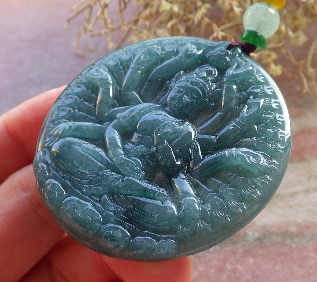 Certified Icy Green Burma 100% Natural A Jade jadeite pendant 1000 Hand Guanyin Kwan Yin Lotus Flower Necklace 观音 647509 TN