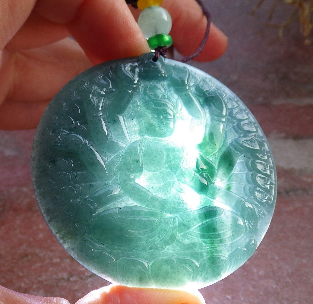 Certified Icy Green Burma 100% Natural A Jade jadeite pendant 1000 Hand Guanyin Kwan Yin Lotus Flower Necklace 观音 647509 TN
