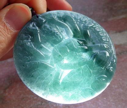 Certified Icy Green Burma 100% Natural A Jade jadeite pendant 1000 Hand Guanyin Kwan Yin Lotus Flower Necklace 观音 647509 TN