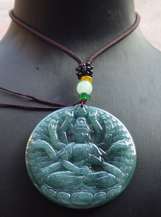 Certified Icy Green Burma 100% Natural A Jade jadeite pendant 1000 Hand Guanyin Kwan Yin Lotus Flower Necklace 观音 647509 TN