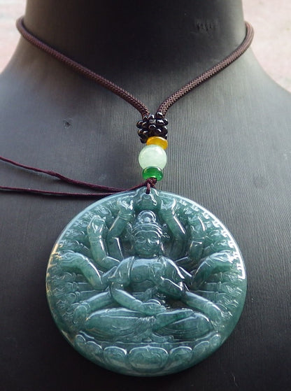 Certified Icy Green Burma 100% Natural A Jade jadeite pendant 1000 Hand Guanyin Kwan Yin Lotus Flower Necklace 观音 647509 TN