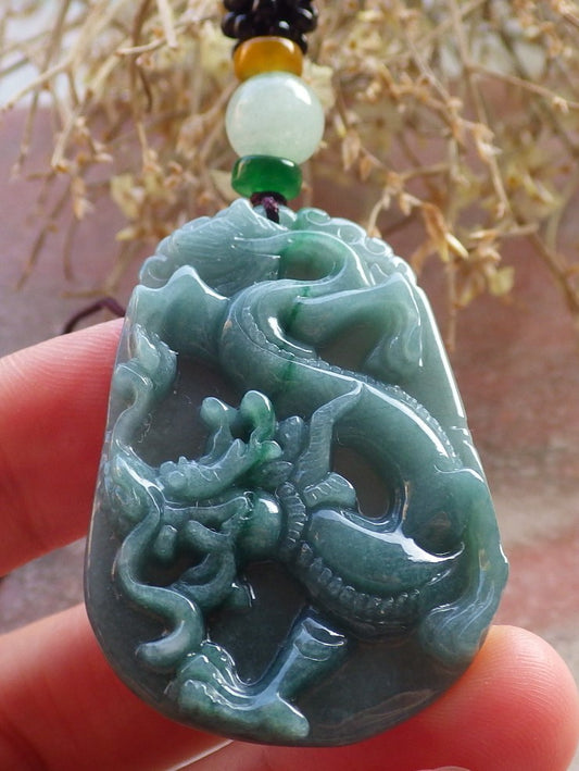 Certified Green Burma 100% Natural A Jade jadeite Pendant Dragon Necklace 生意兴隆 647518 TN