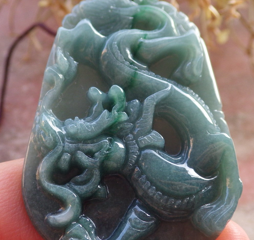 Certified Green Burma 100% Natural A Jade jadeite Pendant Dragon Necklace 生意兴隆 647518 TN