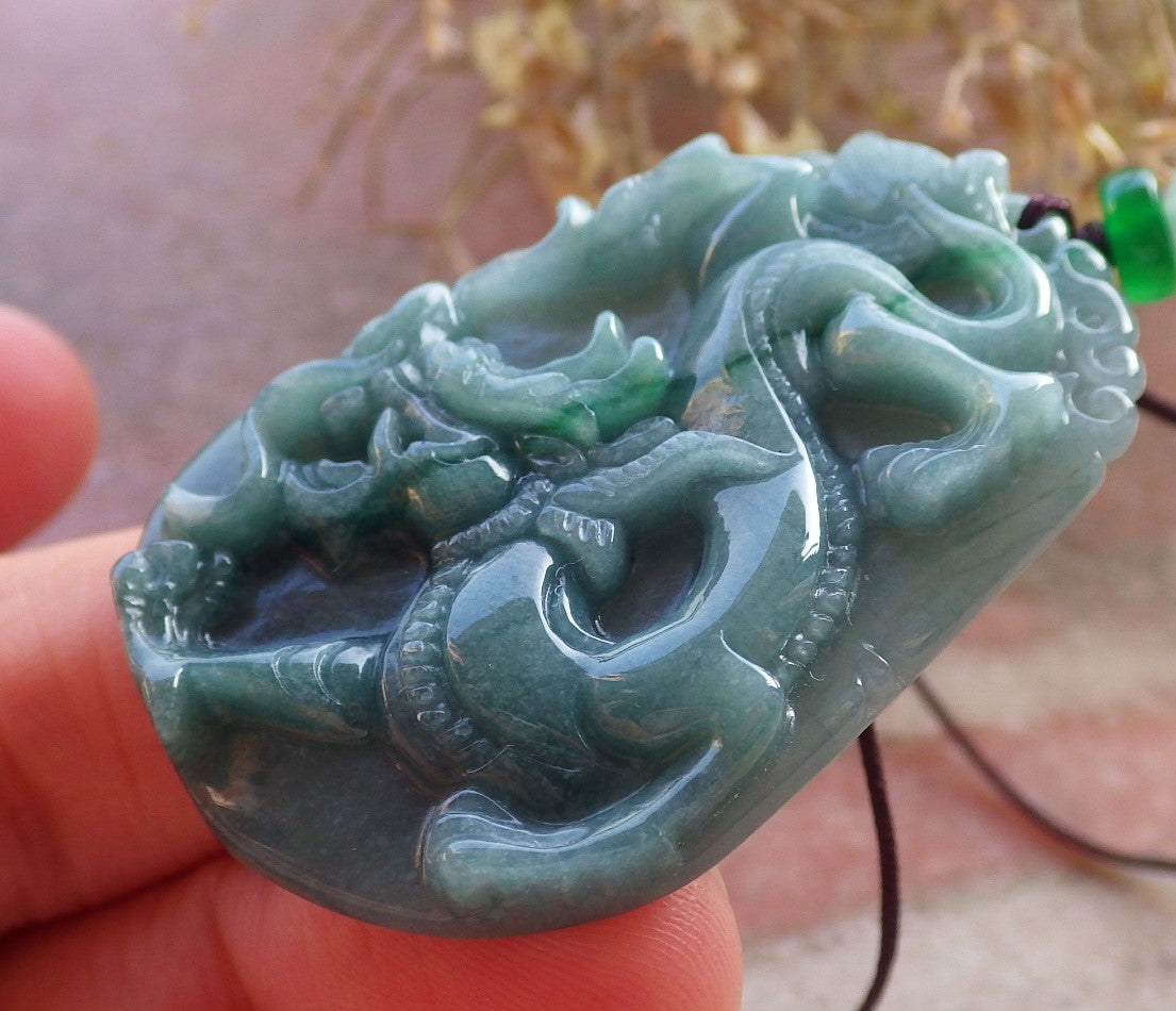 Certified Green Burma 100% Natural A Jade jadeite Pendant Dragon Necklace 生意兴隆 647518 TN
