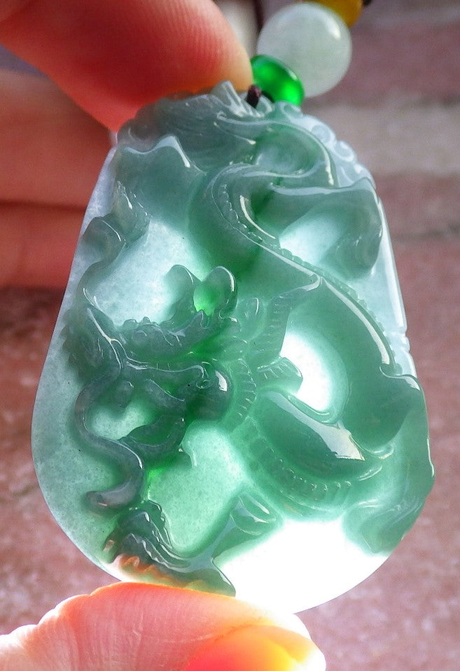 Certified Green Burma 100% Natural A Jade jadeite Pendant Dragon Necklace 生意兴隆 647518 TN