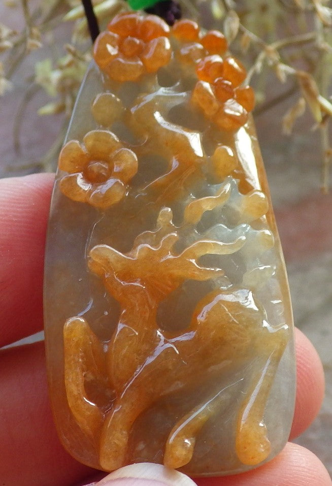 Certified Red Green Burma 100% Natural A Jade jadeite Pendant Deer Flower Necklace 梅花鹿 647527 TN