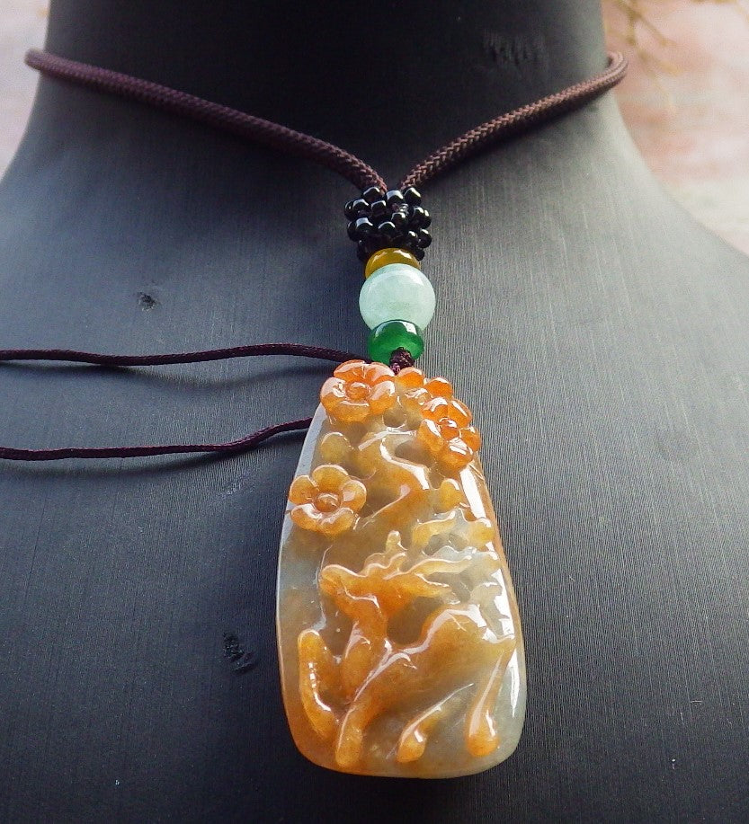 Certified Red Green Burma 100% Natural A Jade jadeite Pendant Deer Flower Necklace 梅花鹿 647527 TN