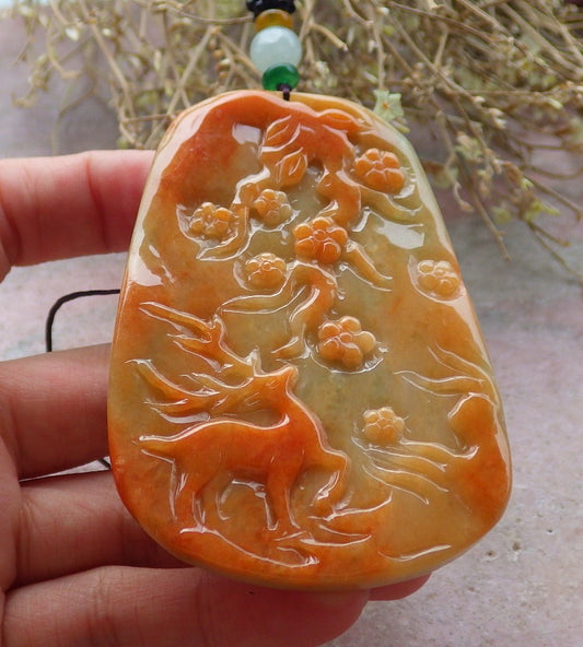 Certified Red Green Burma 100% Natural A Jade jadeite Pendant Deer Flower Necklace 梅花鹿 647551 TN