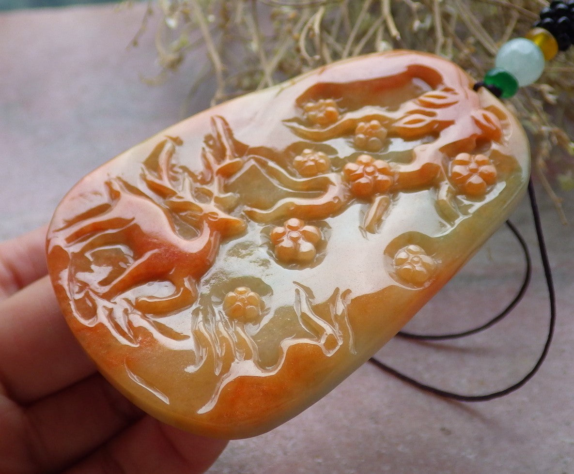 Certified Red Green Burma 100% Natural A Jade jadeite Pendant Deer Flower Necklace 梅花鹿 647551 TN