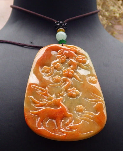 Certified Red Green Burma 100% Natural A Jade jadeite Pendant Deer Flower Necklace 梅花鹿 647551 TN