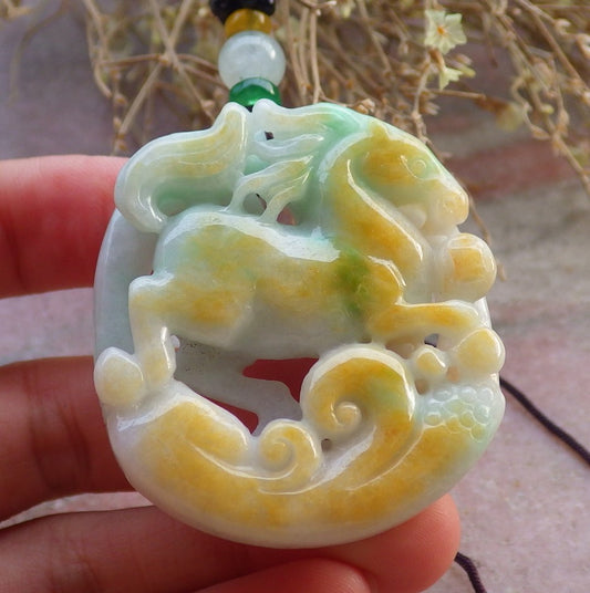 Certified Yellow Green Burma 100% Natural A Jade jadeite Pendant Horse Money Coin Ruyi Necklace 马到功成 647609 TN
