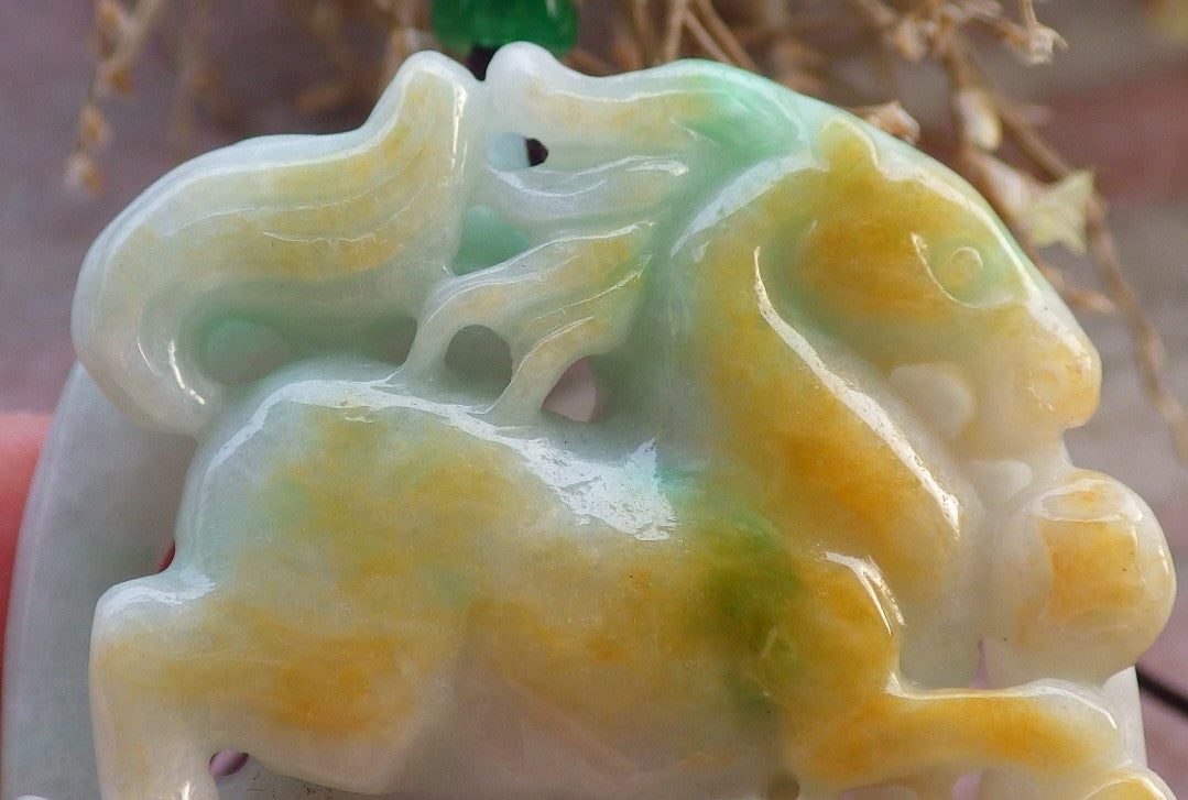 Certified Yellow Green Burma 100% Natural A Jade jadeite Pendant Horse Money Coin Ruyi Necklace 马到功成 647609 TN
