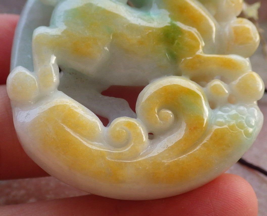 Certified Yellow Green Burma 100% Natural A Jade jadeite Pendant Horse Money Coin Ruyi Necklace 马到功成 647609 TN