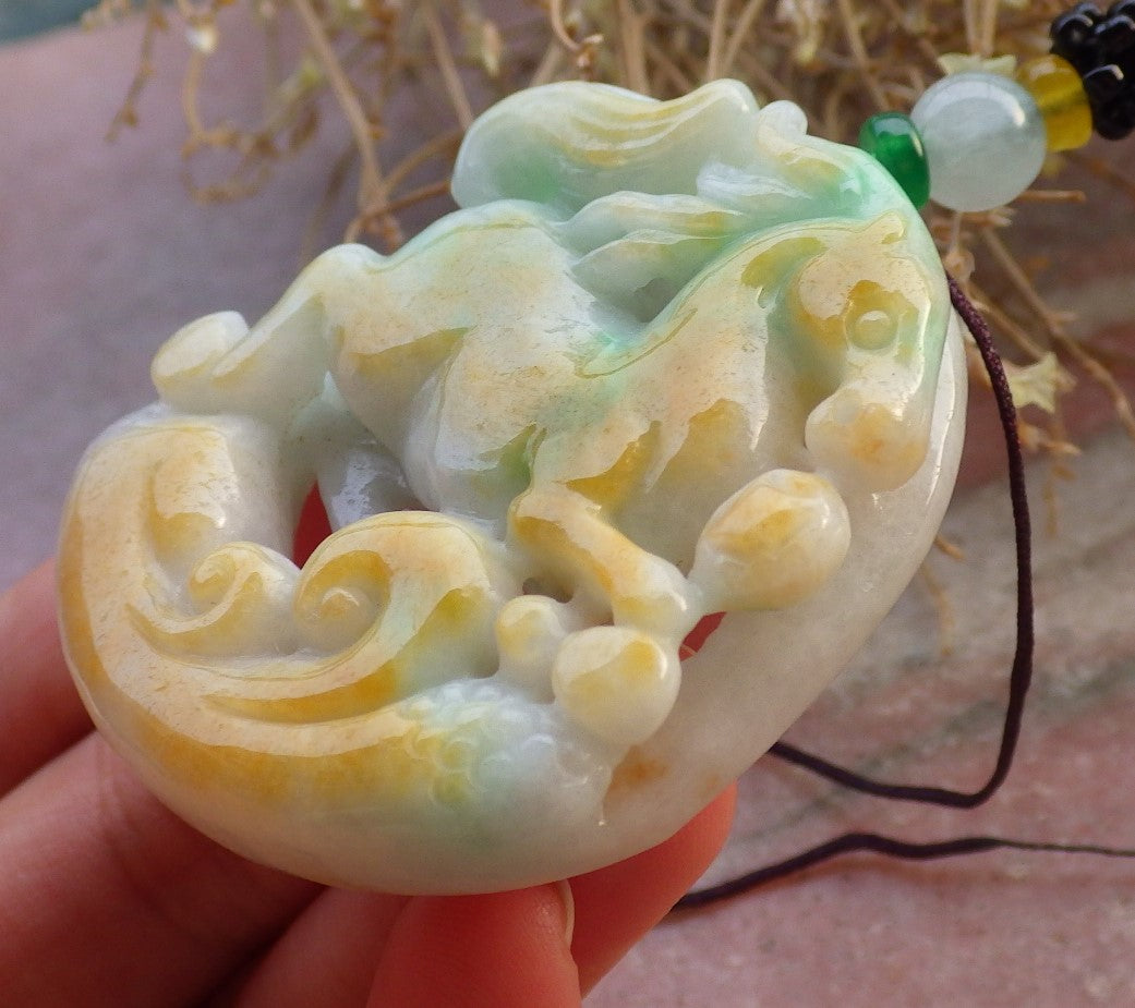 Certified Yellow Green Burma 100% Natural A Jade jadeite Pendant Horse Money Coin Ruyi Necklace 马到功成 647609 TN