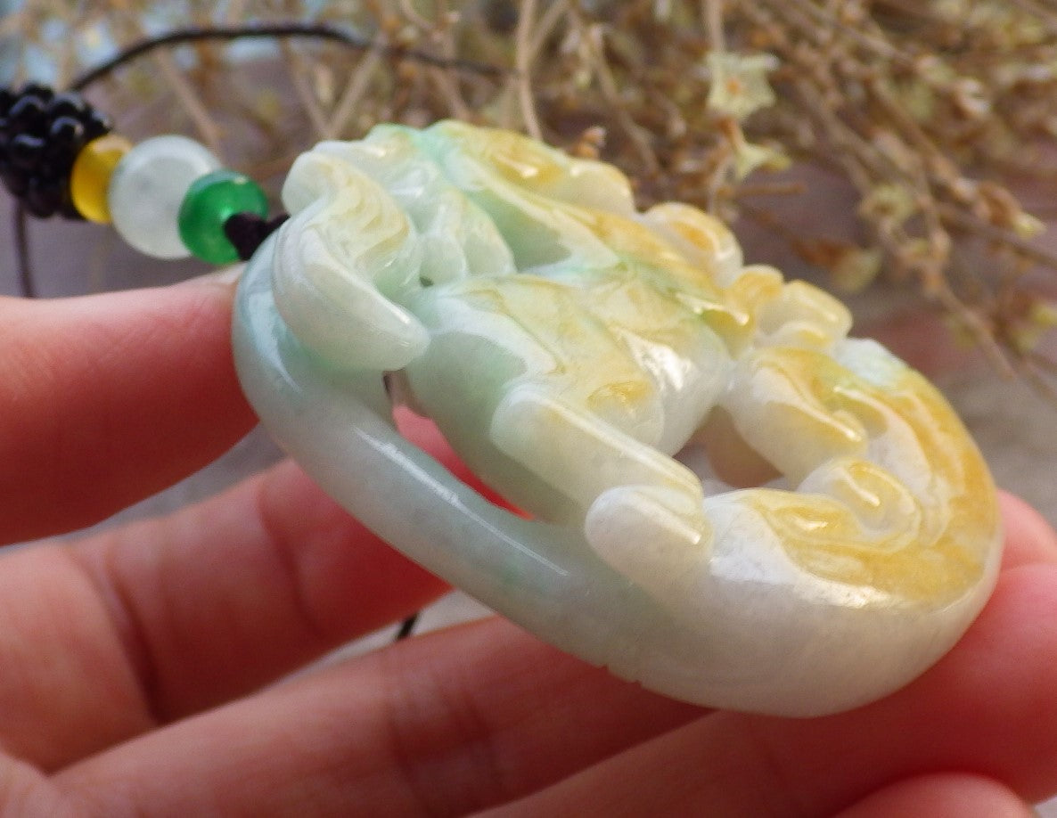 Certified Yellow Green Burma 100% Natural A Jade jadeite Pendant Horse Money Coin Ruyi Necklace 马到功成 647609 TN