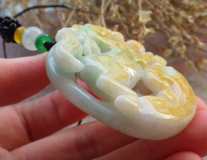 Certified Yellow Green Burma 100% Natural A Jade jadeite Pendant Horse Money Coin Ruyi Necklace 马到功成 647609 TN