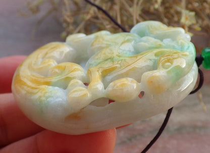 Certified Yellow Green Burma 100% Natural A Jade jadeite Pendant Horse Money Coin Ruyi Necklace 马到功成 647609 TN