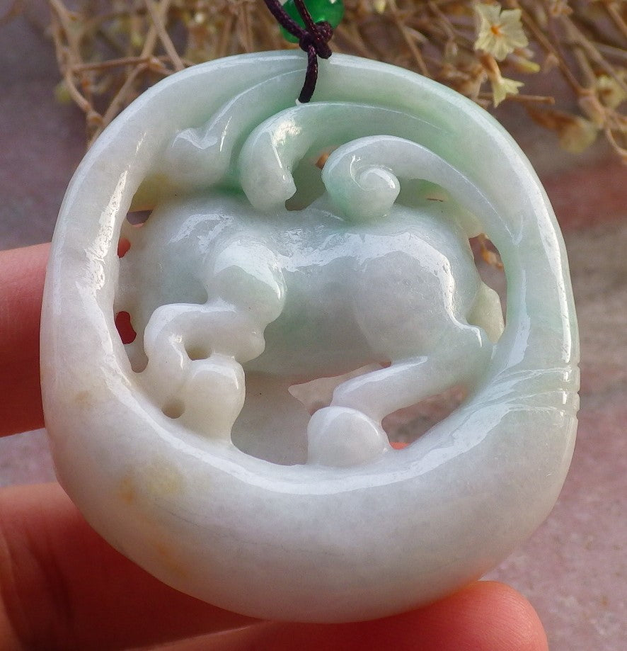 Certified Yellow Green Burma 100% Natural A Jade jadeite Pendant Horse Money Coin Ruyi Necklace 马到功成 647609 TN
