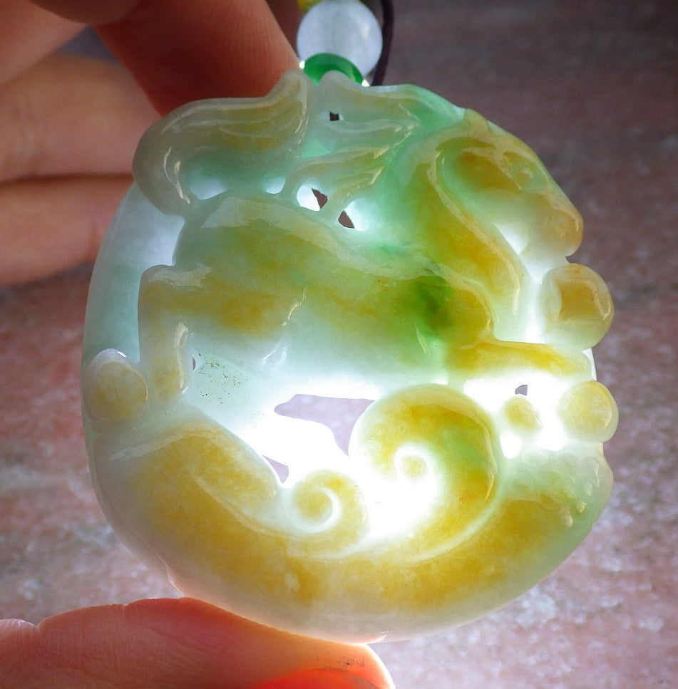 Certified Yellow Green Burma 100% Natural A Jade jadeite Pendant Horse Money Coin Ruyi Necklace 马到功成 647609 TN