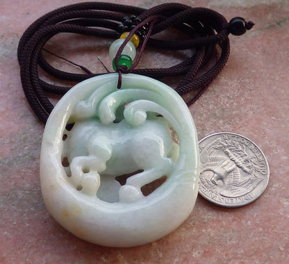 Certified Yellow Green Burma 100% Natural A Jade jadeite Pendant Horse Money Coin Ruyi Necklace 马到功成 647609 TN
