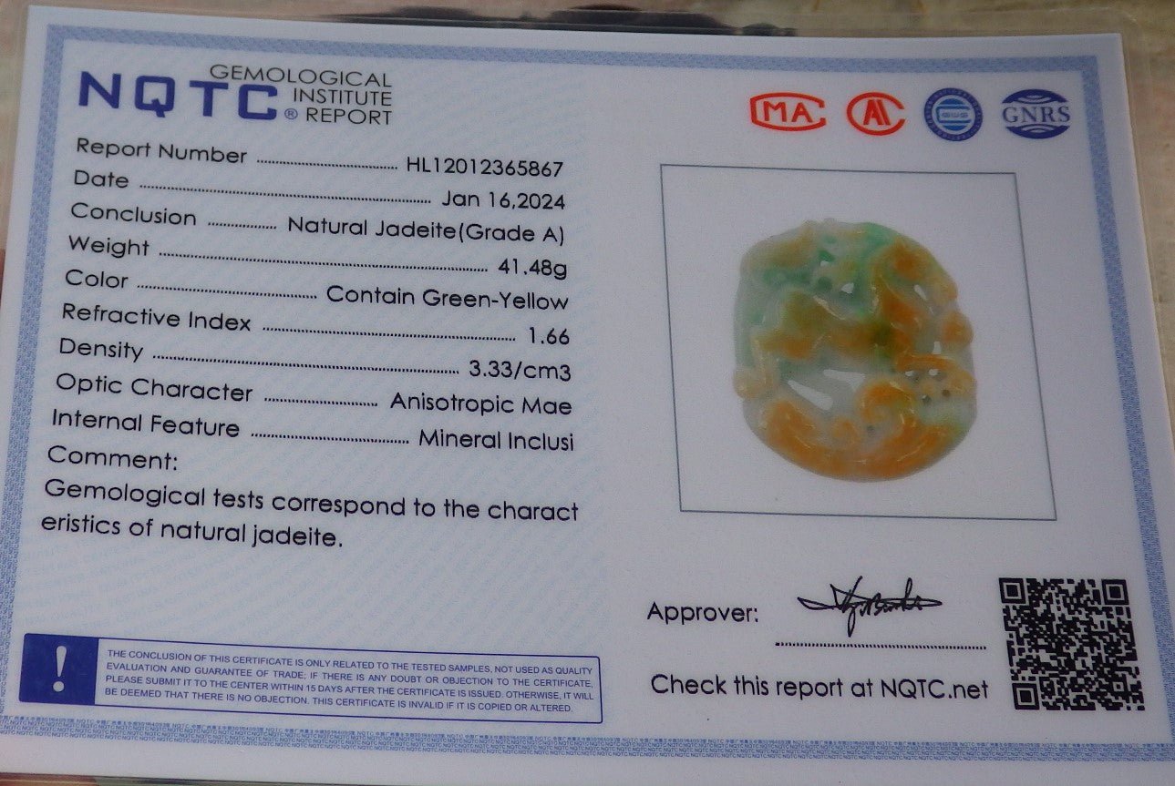 Certified Yellow Green Burma 100% Natural A Jade jadeite Pendant Horse Money Coin Ruyi Necklace 马到功成 647609 TN
