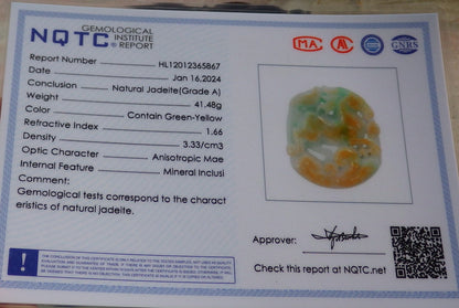 Certified Yellow Green Burma 100% Natural A Jade jadeite Pendant Horse Money Coin Ruyi Necklace 马到功成 647609 TN