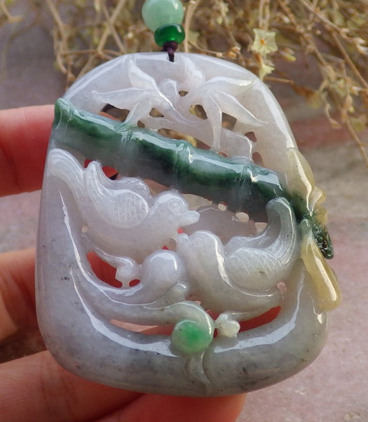 Certified Yellow Green Burma 100% Natural A Jade jadeite Pendant Mandarin Duck Phoenix Lotus Flower Bamboo 鸳鸯 647620 TN